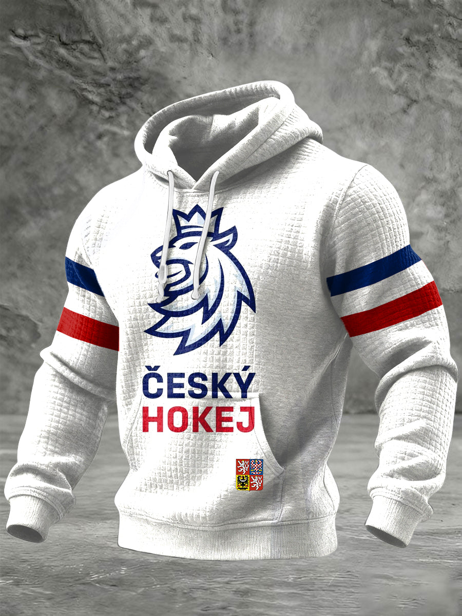 Retro czech ice hockey team patchwork casual waffle hoodie