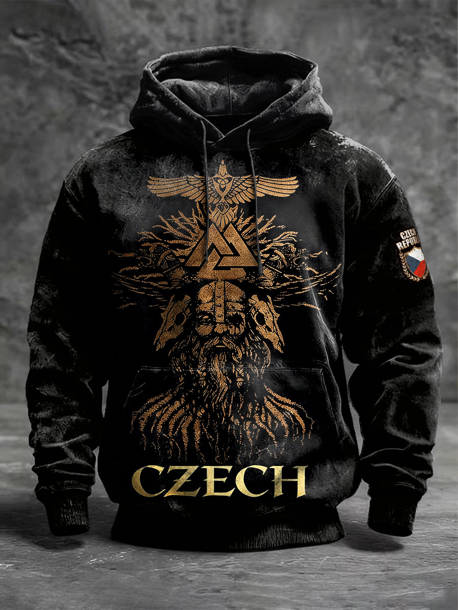 Pánské czech mythology print black hooded sweatshirt