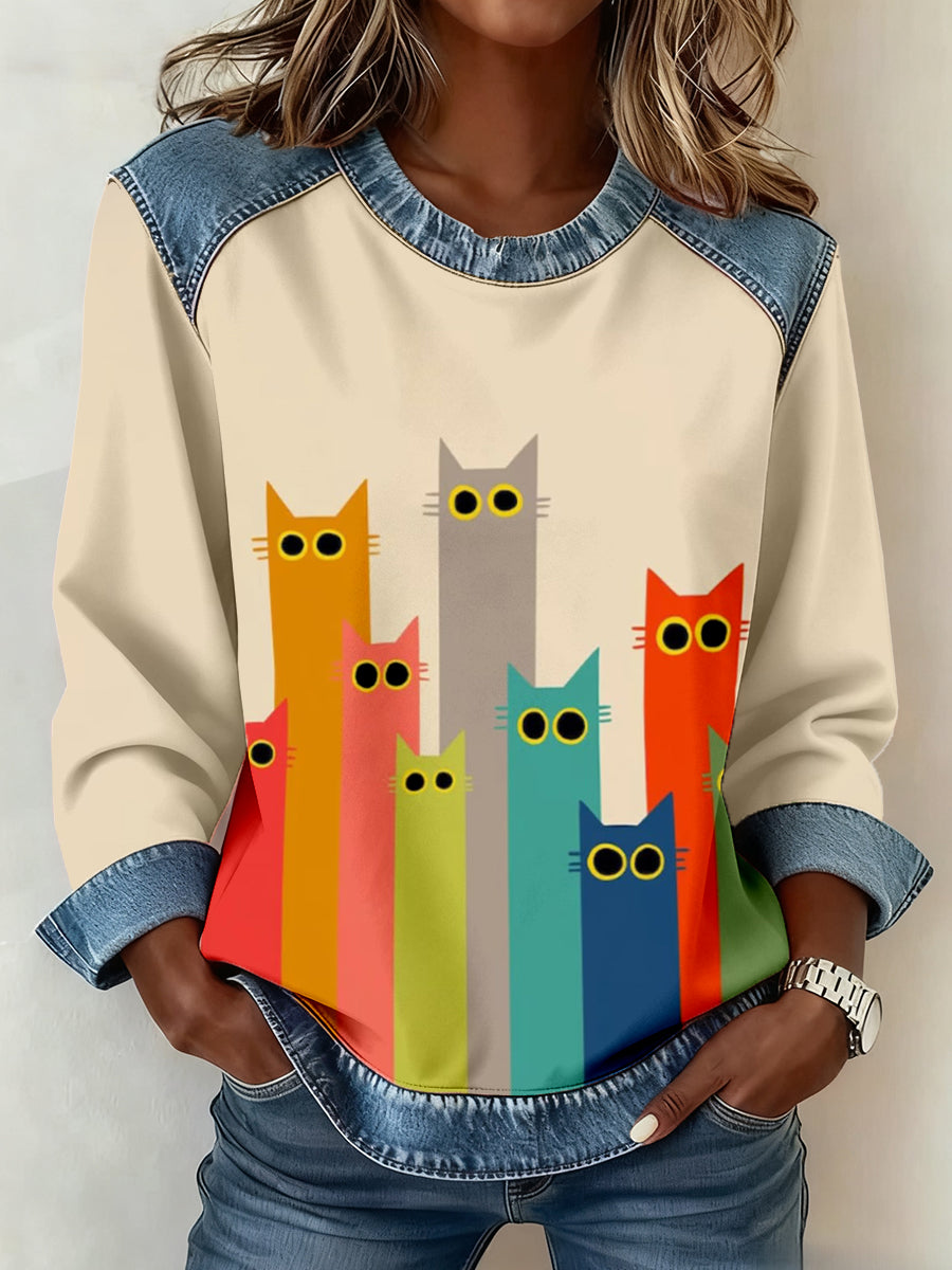 Dámské cute cat print denim patchwork sweatshirt