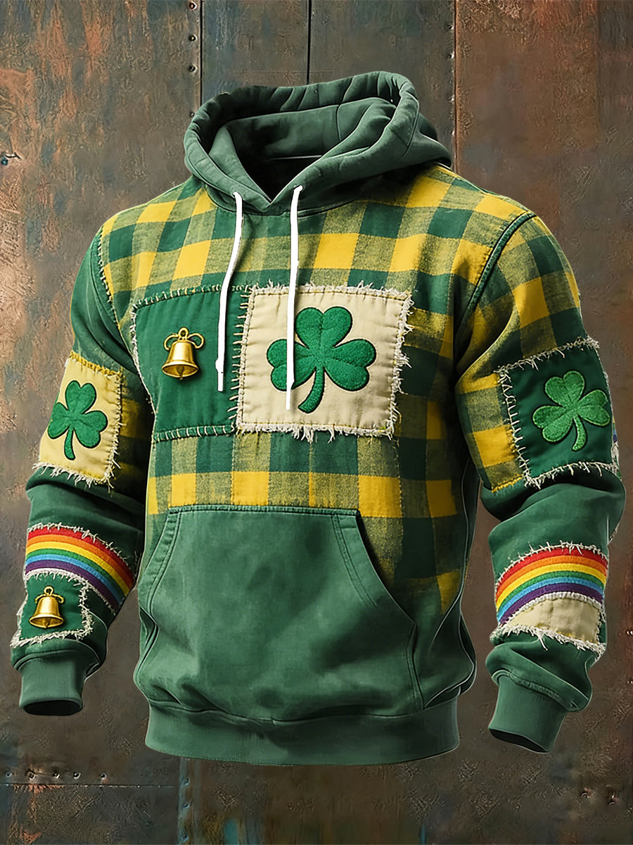 Retro st patricks plaid patchwork casual hoodie