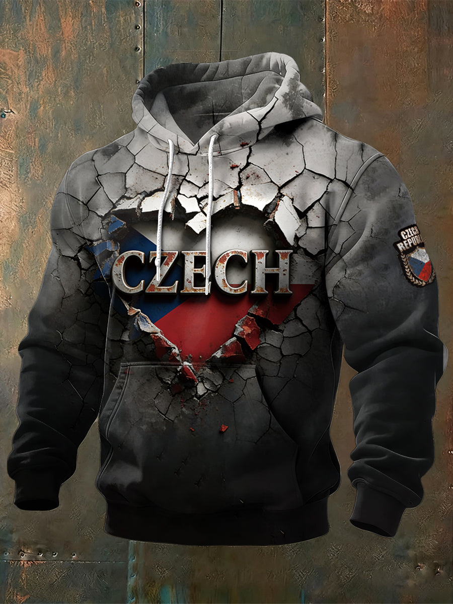 Pánské české vlajky srdce 3d tisk vintage mikina s kapucinou