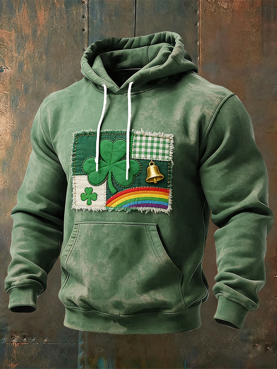 Retro st patricks day shamrock plaid patchwork casual hoodie
