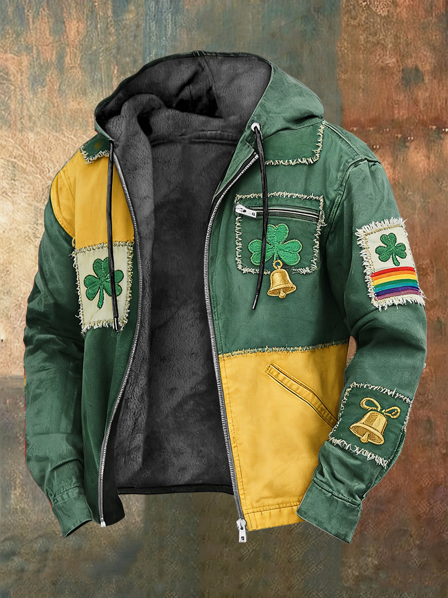 Retro st patricks day patchwork fleecelined hooded jacket