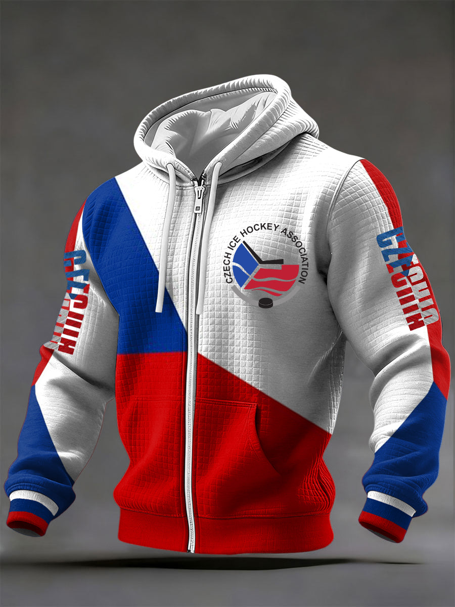 Retro czech hockey emblem casual waffle with hooded jacket