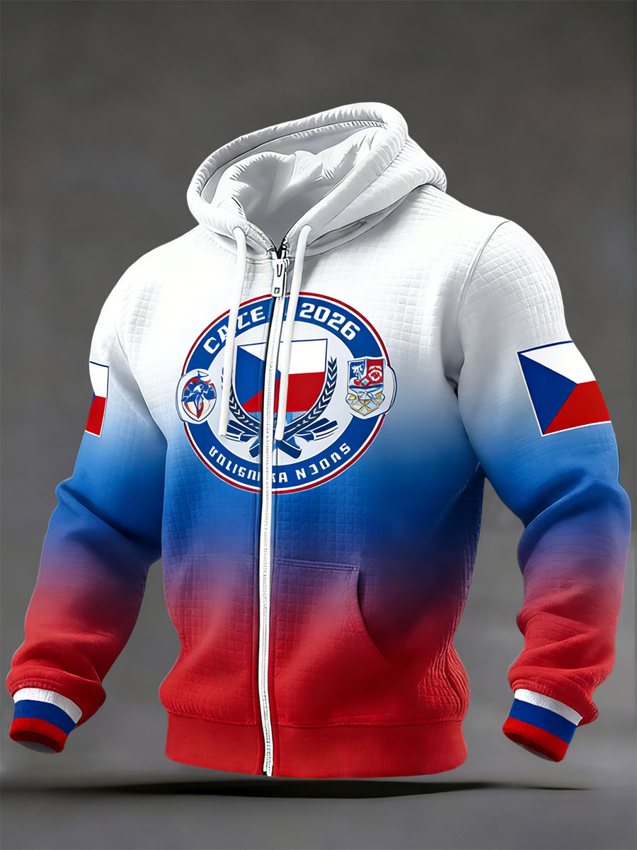 Retro czech ice hockey emblem 2026 casual waffle hooded jacket