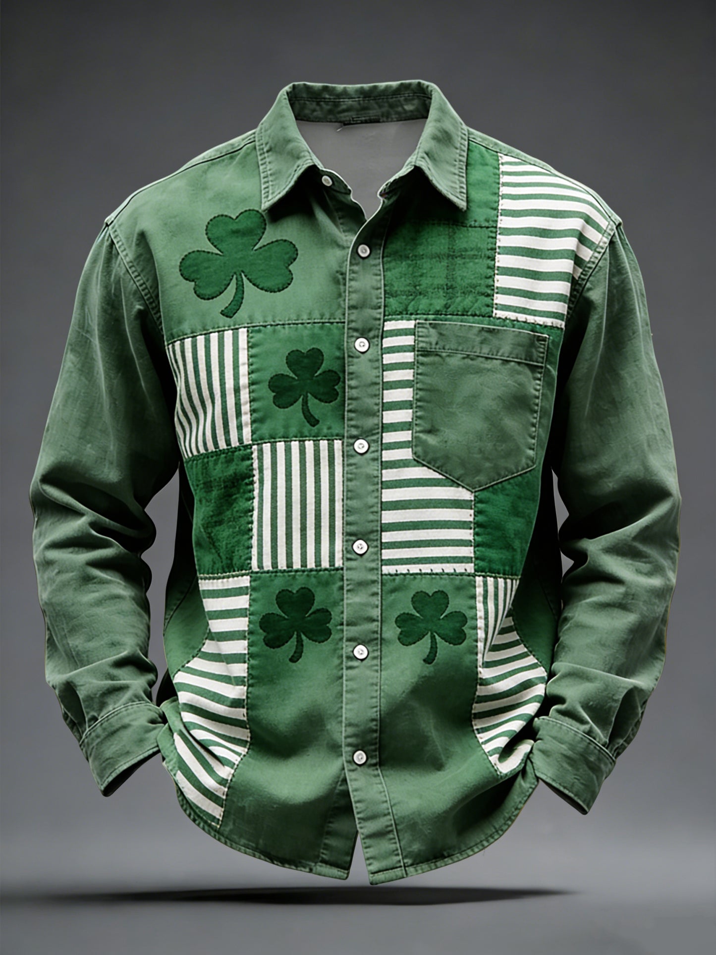Retro st patricks day clover stripe patchwork casual shirt