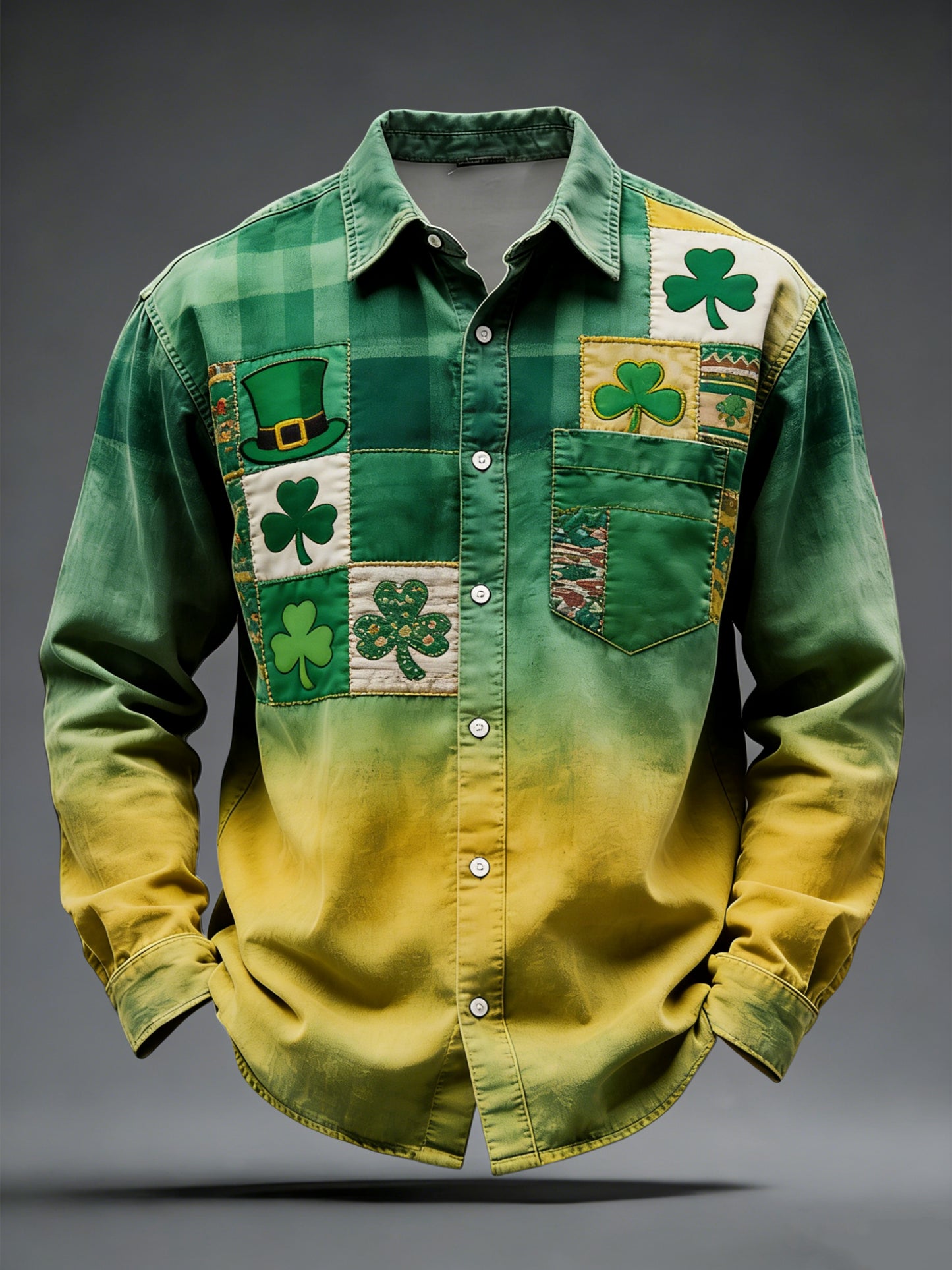 Retro st patricks day shamrock gradient plid casual shirt