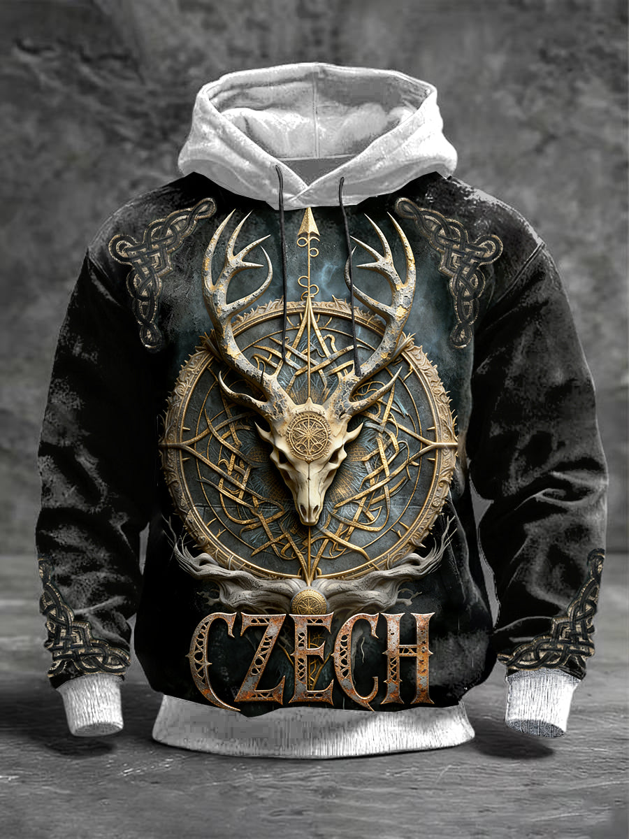 Pánské czech mythology deer print patchwork hooded sweatshirt
