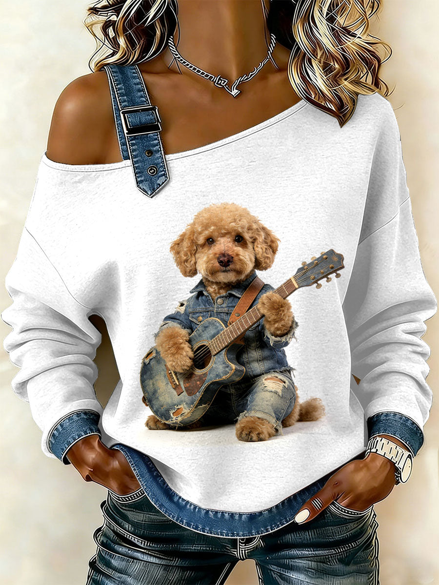 Ženské vintage psi patchwork print casual offshoulder sweatshirt