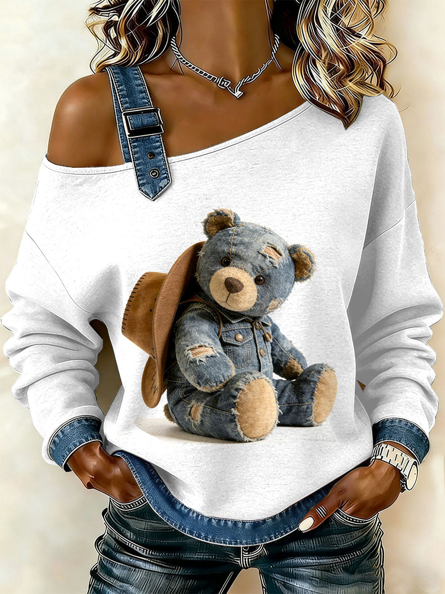 Dámské vintage medvědí patchwork tisk neformální offrameno sweatshirt