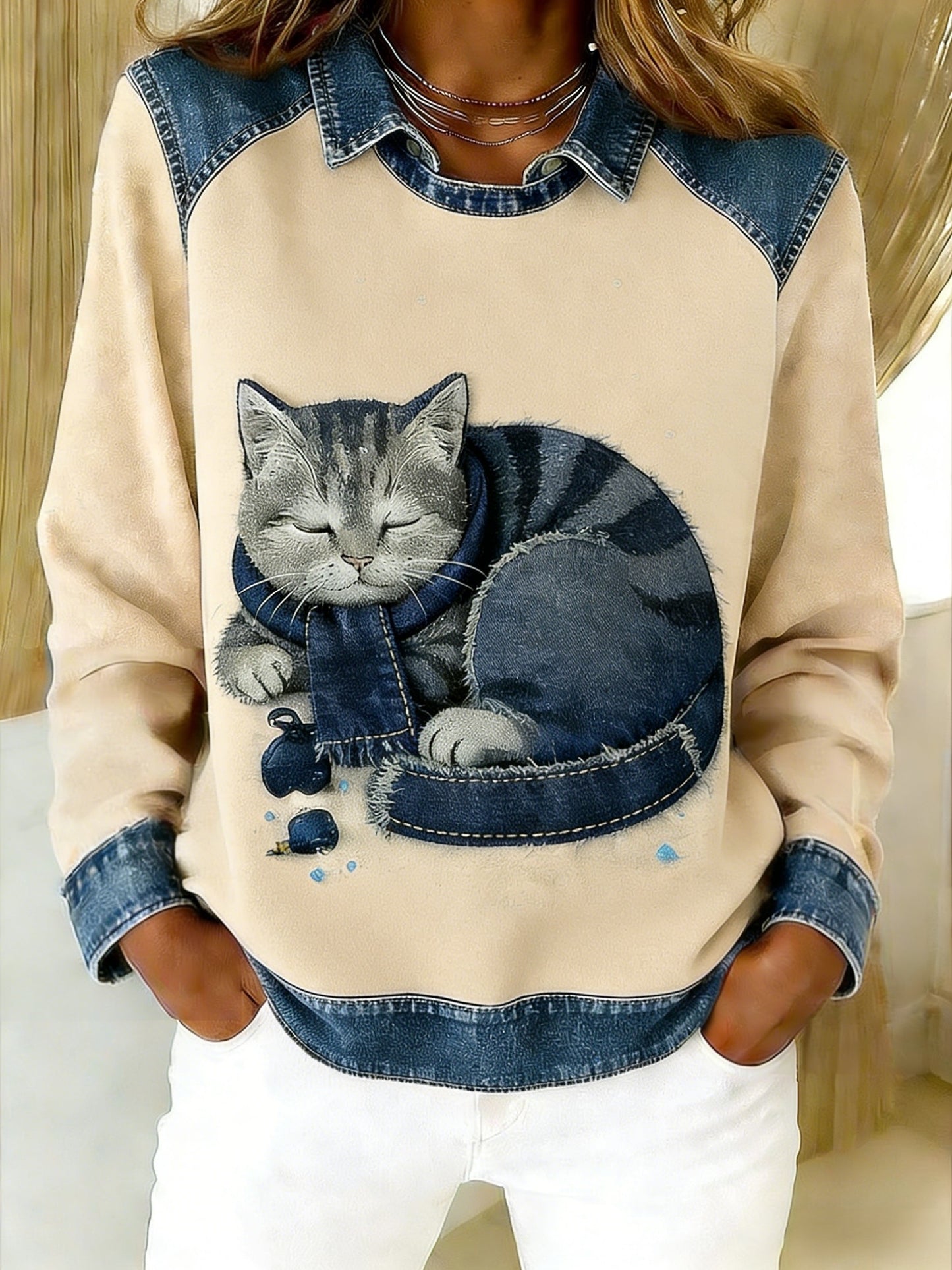 Retro roztomilý zvířecí šálek cat denim patchwork art tištěné casual volné dlouhé rukávy klopa mikina