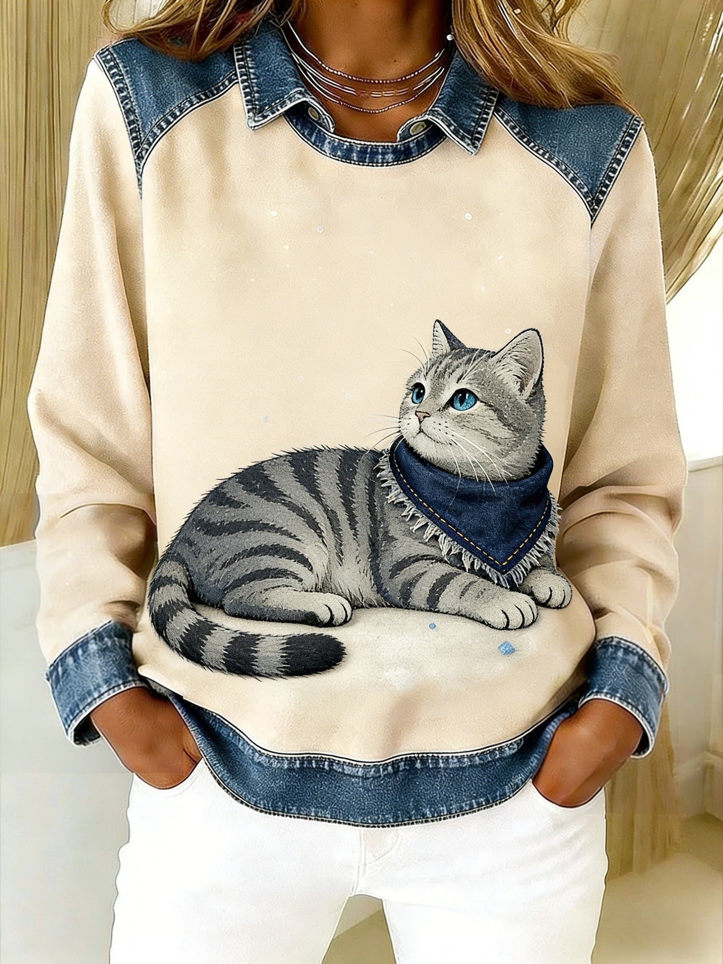 Retro roztomilý zvířecí šálek cat denim patchwork art tištěné casual volné dlouhé rukávy klopa mikina