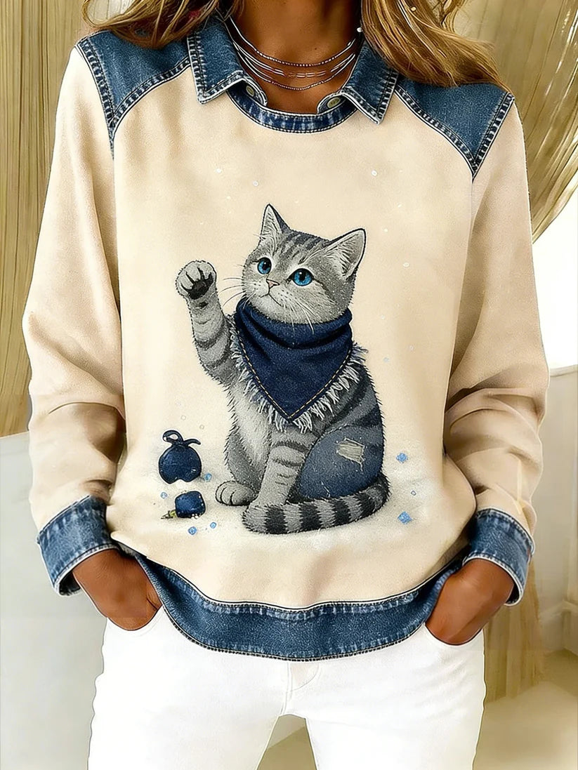 Retro roztomilý zvířecí šálek cat denim patchwork art tištěné casual volné dlouhé rukávy klopa mikina