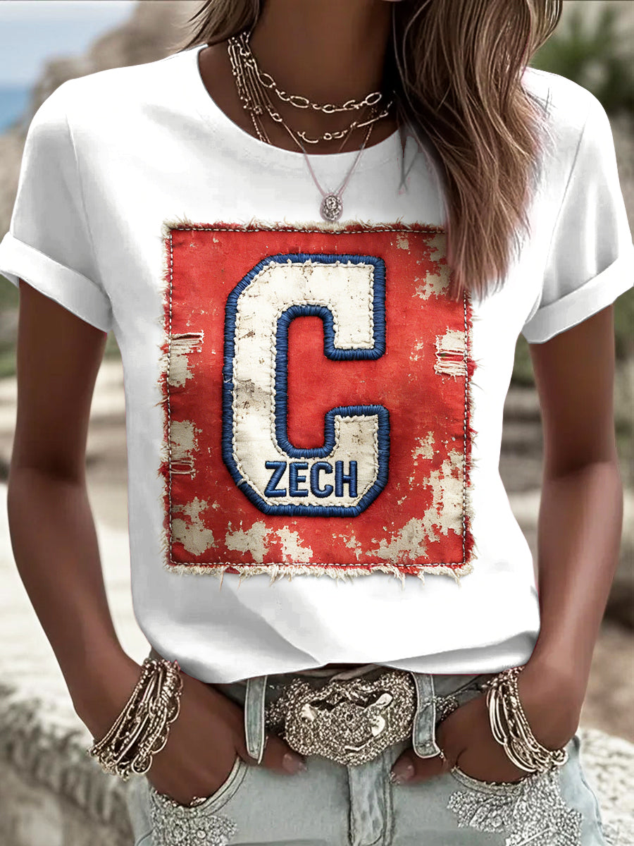 Dámské české počáteční c design vintage patchwork print bílé tričko