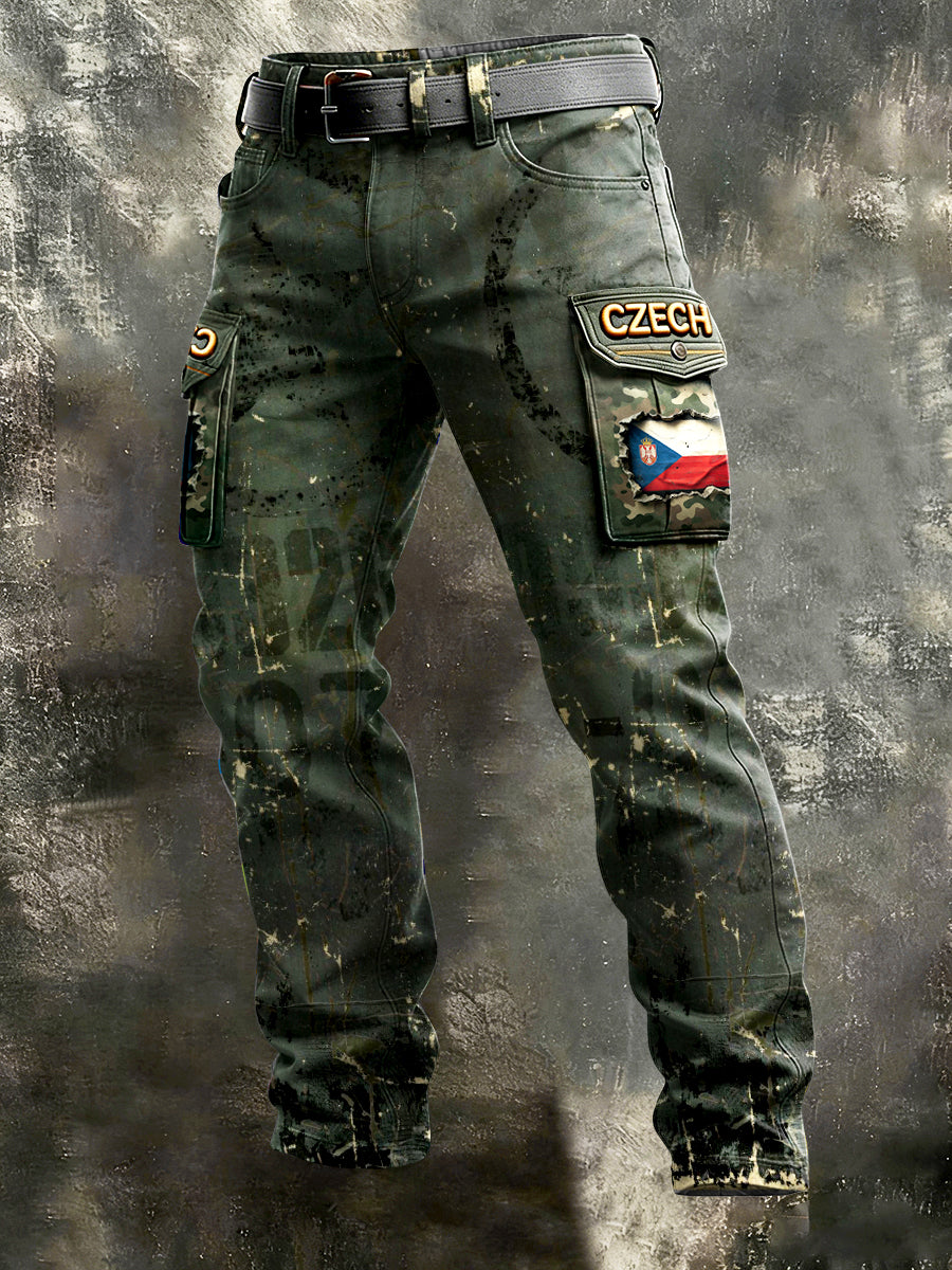 Pánské české vlajky vytisknout vojenské zelené vintage pracovní kalhoty