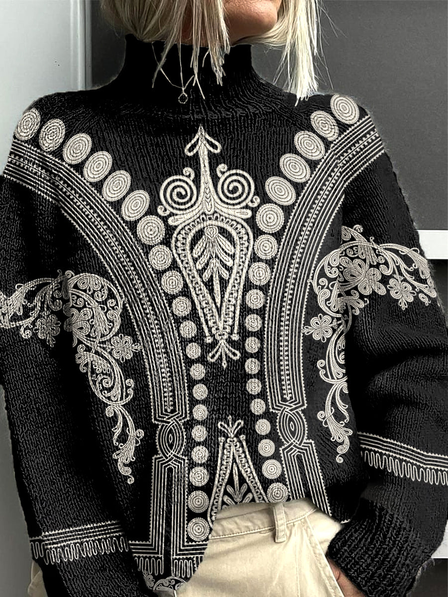 Dámské květinové paisley tisk černá móda roletý svetr