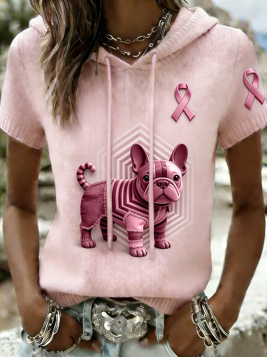 Dámské retro bulldog povědomí o rakovině prsu příležitostné krátkorukávové pletené tričko