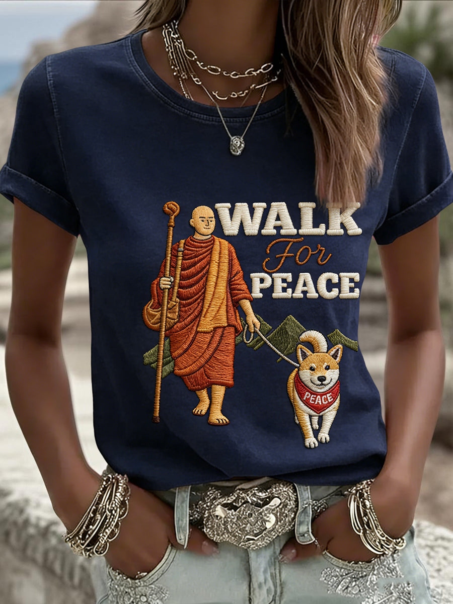 Ženské vintage "chůze pro mír" mnich a psů příležitostné tričko