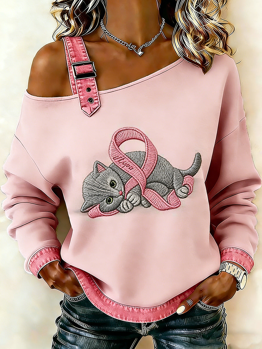 Ženy rakovina prsu animal cat printed one shoulder suspender casual sweater