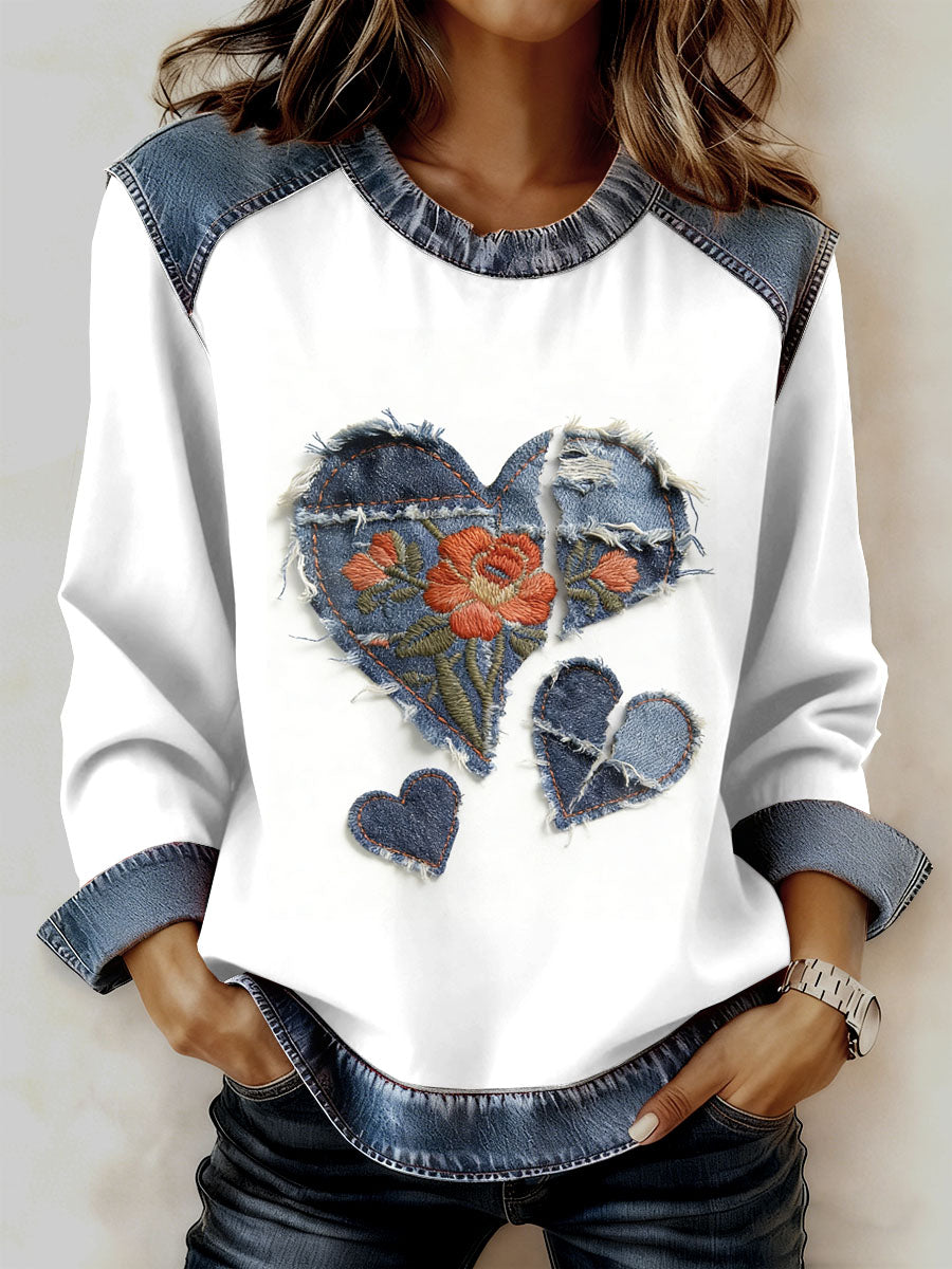 Dámské retro květinové srdce patchwork tisk neformální mikina