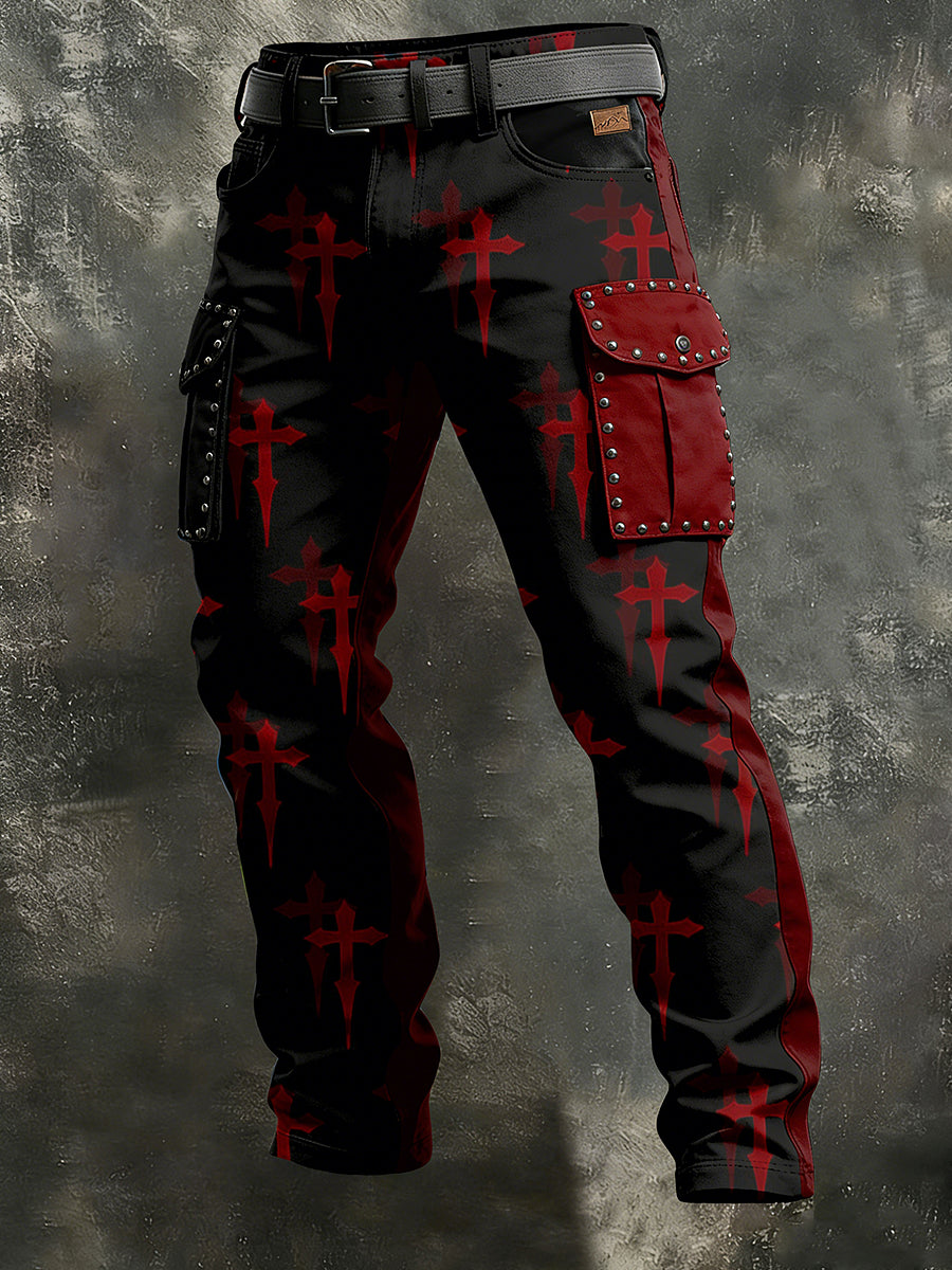 Pánské retro dovolená business punk cross art print casual pracovní šaty kalhoty