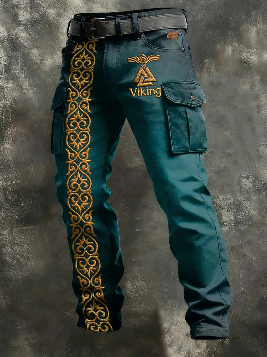 Pánské retro dovolená business viking art print neformální pracovní kalhoty