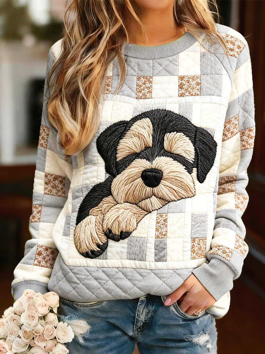 Dámské roztomilé štěňátko vintage patchwork print mikina s dlouhým rukávem