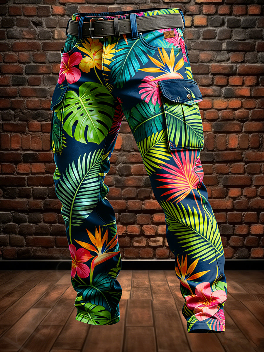 Pánské retro dovolená business havaj art print casual pracovní šaty kalhoty