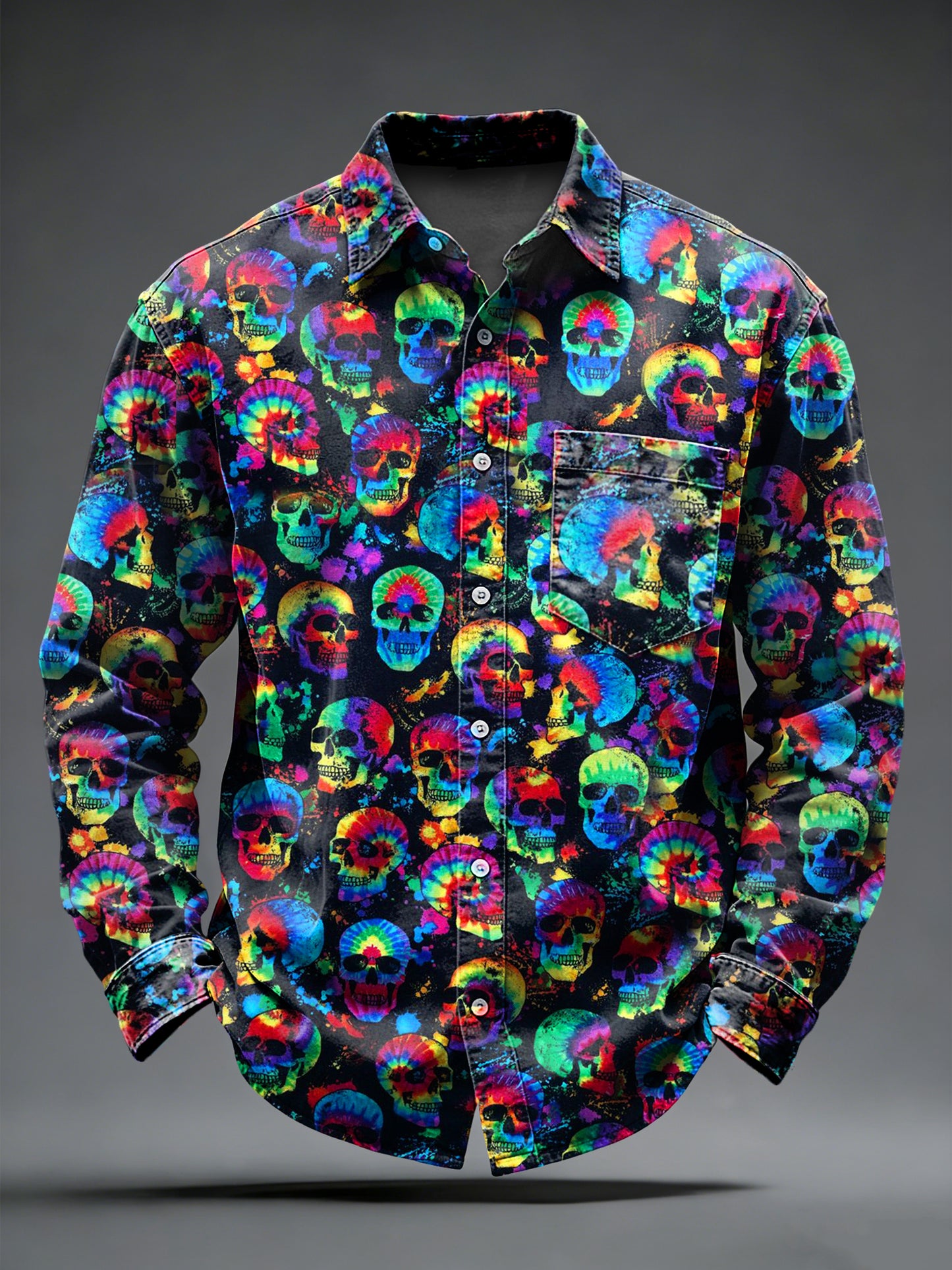 Pánské retro punk psychedelické lebky vytištěné s dlouhými rukávy kapesní košile