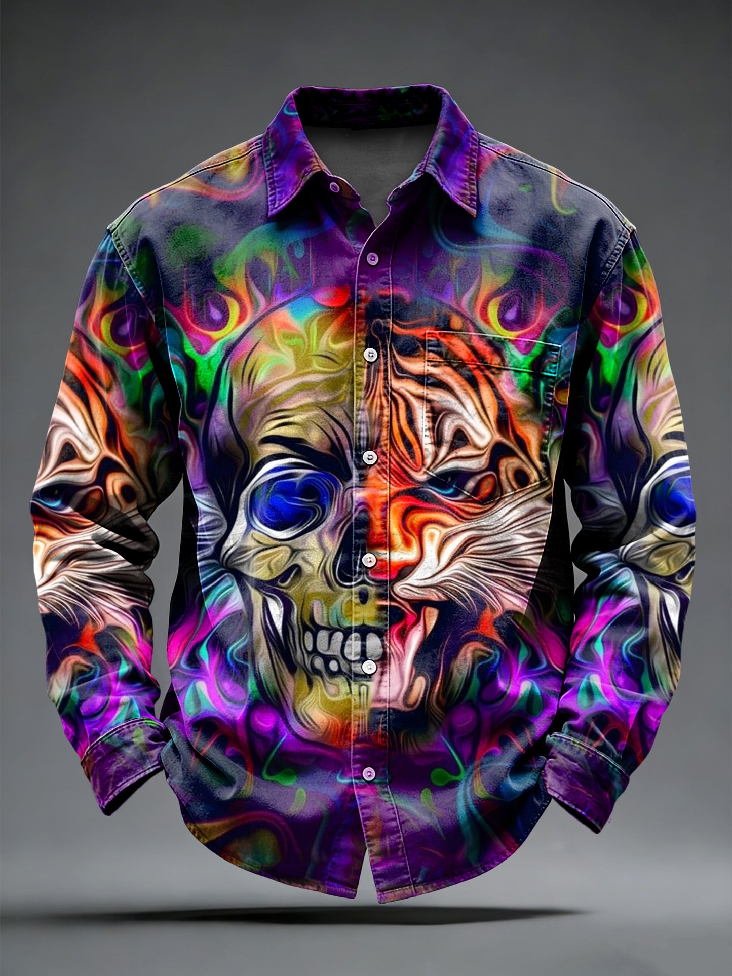 Pánské retro punk psychedelické lebky vytištěné s dlouhými rukávy kapesní košile