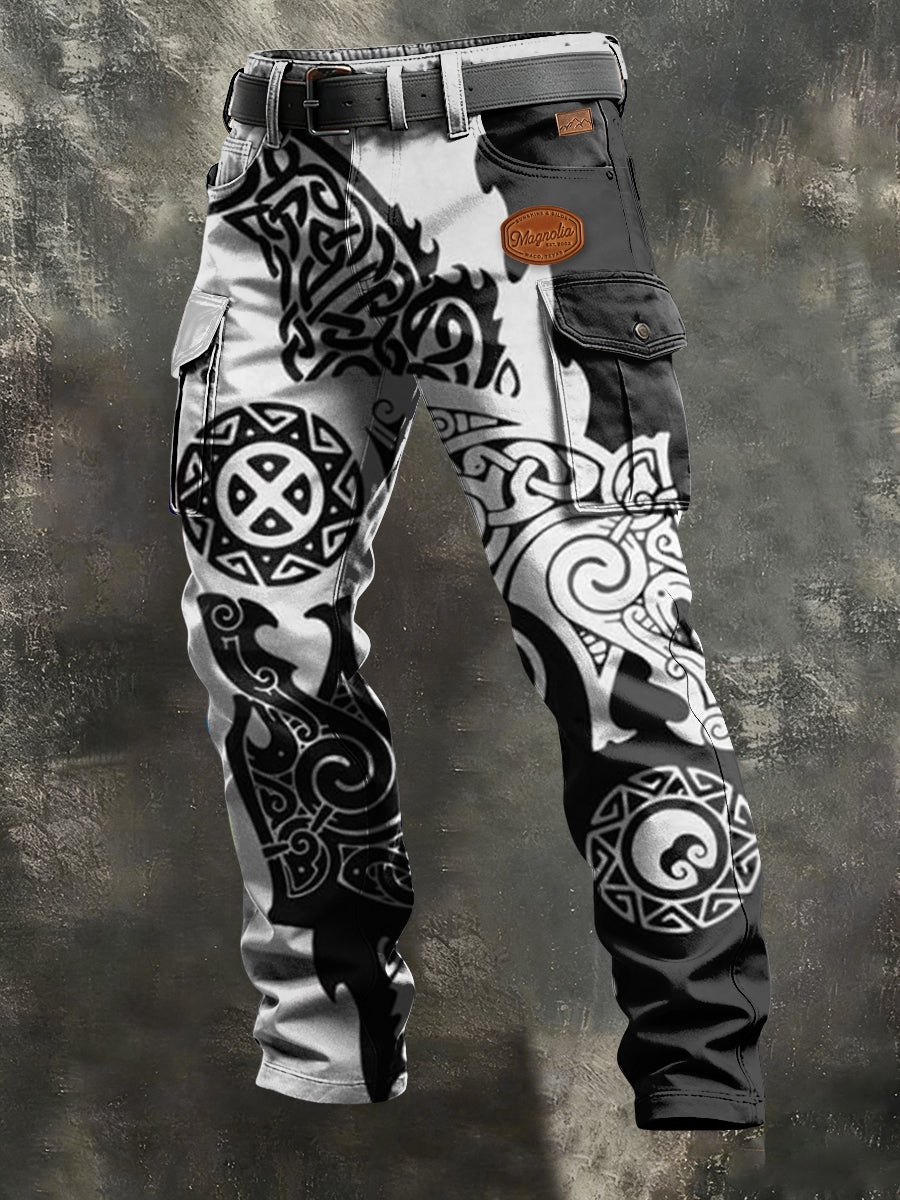 Pánské retro dovolená business viking art print neformální pracovní kalhoty