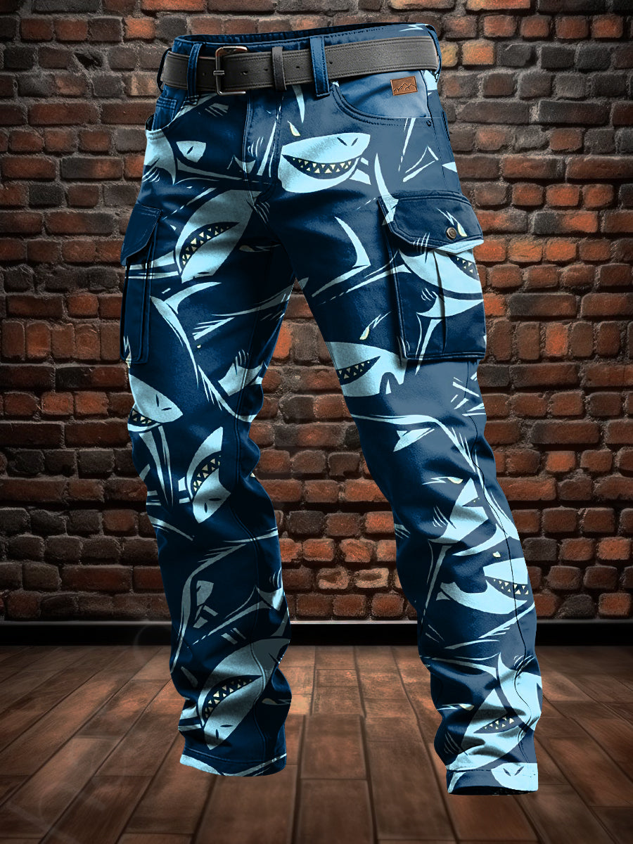 Pánské retro dovolená obchodní žralok art print neformální pracovní kalhoty