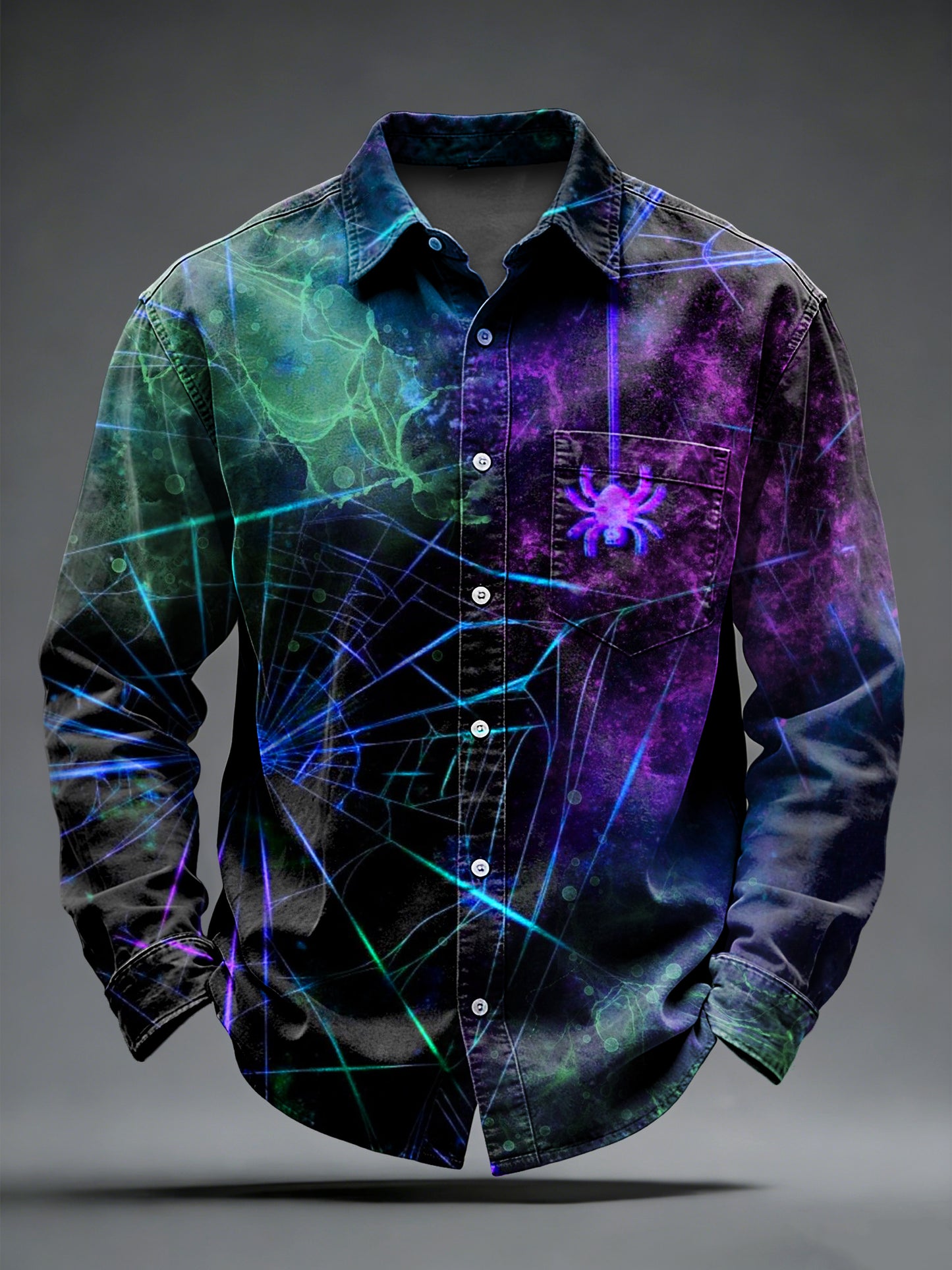 Pánské retro punk psychedelické pavouk web vytištěné dlouhými rukávy kapesní košile