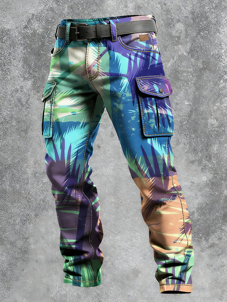 Pánské retro dovolená business havaj art print casual pracovní šaty kalhoty