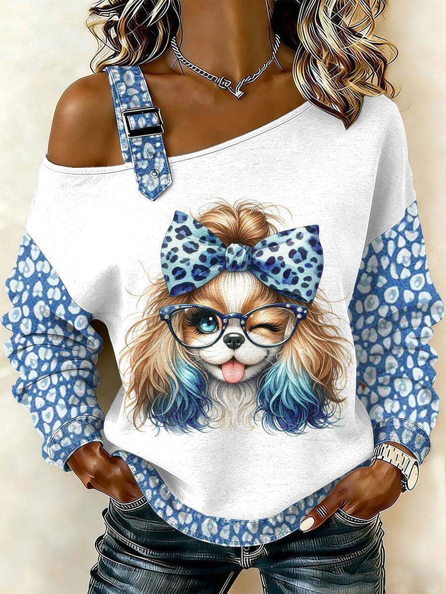 Dámské retro pes patchwork tištěné neformální offshoulder sweatshirt