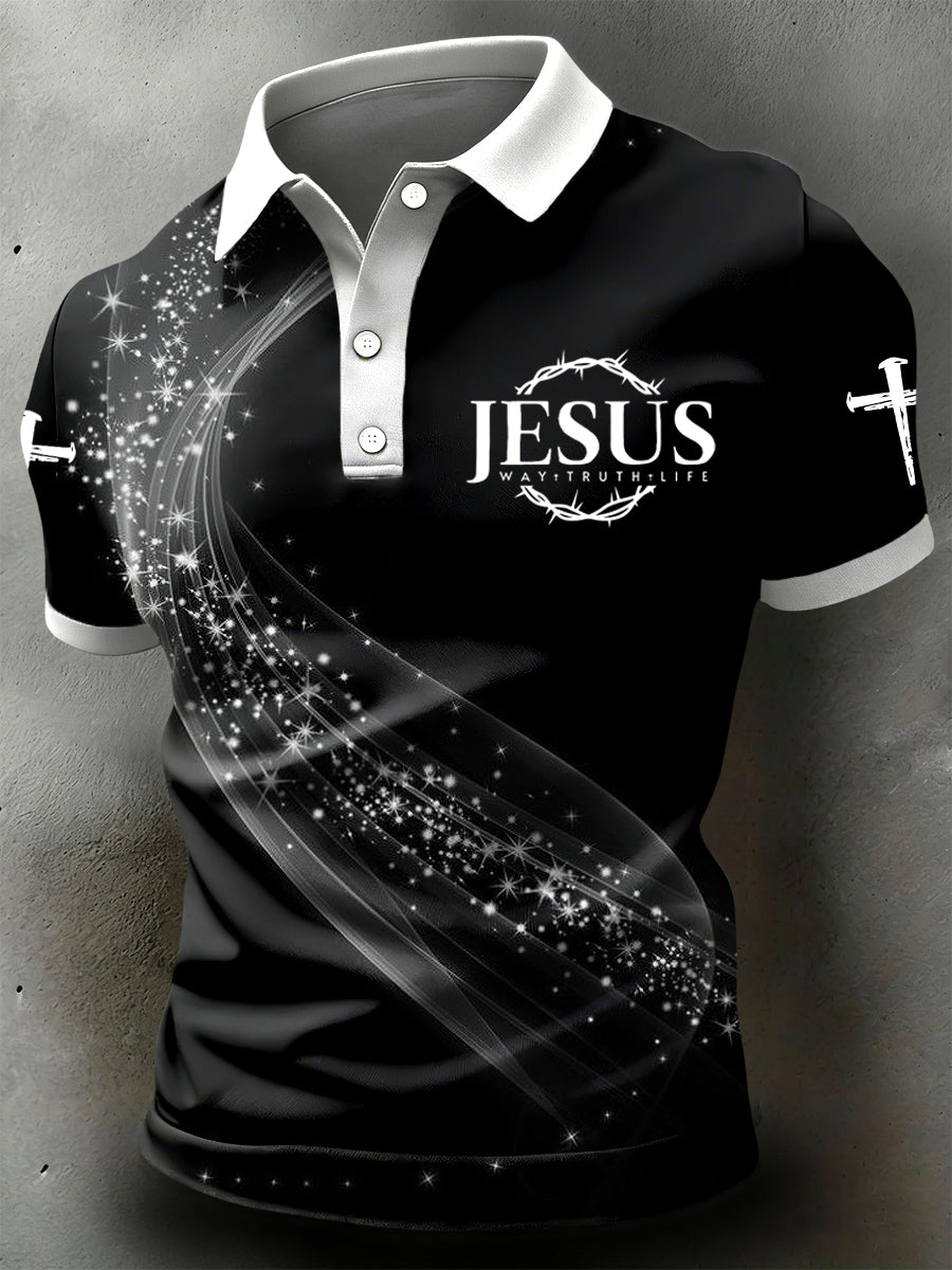 Retro jesusthemed gradientprint casual polo shirt