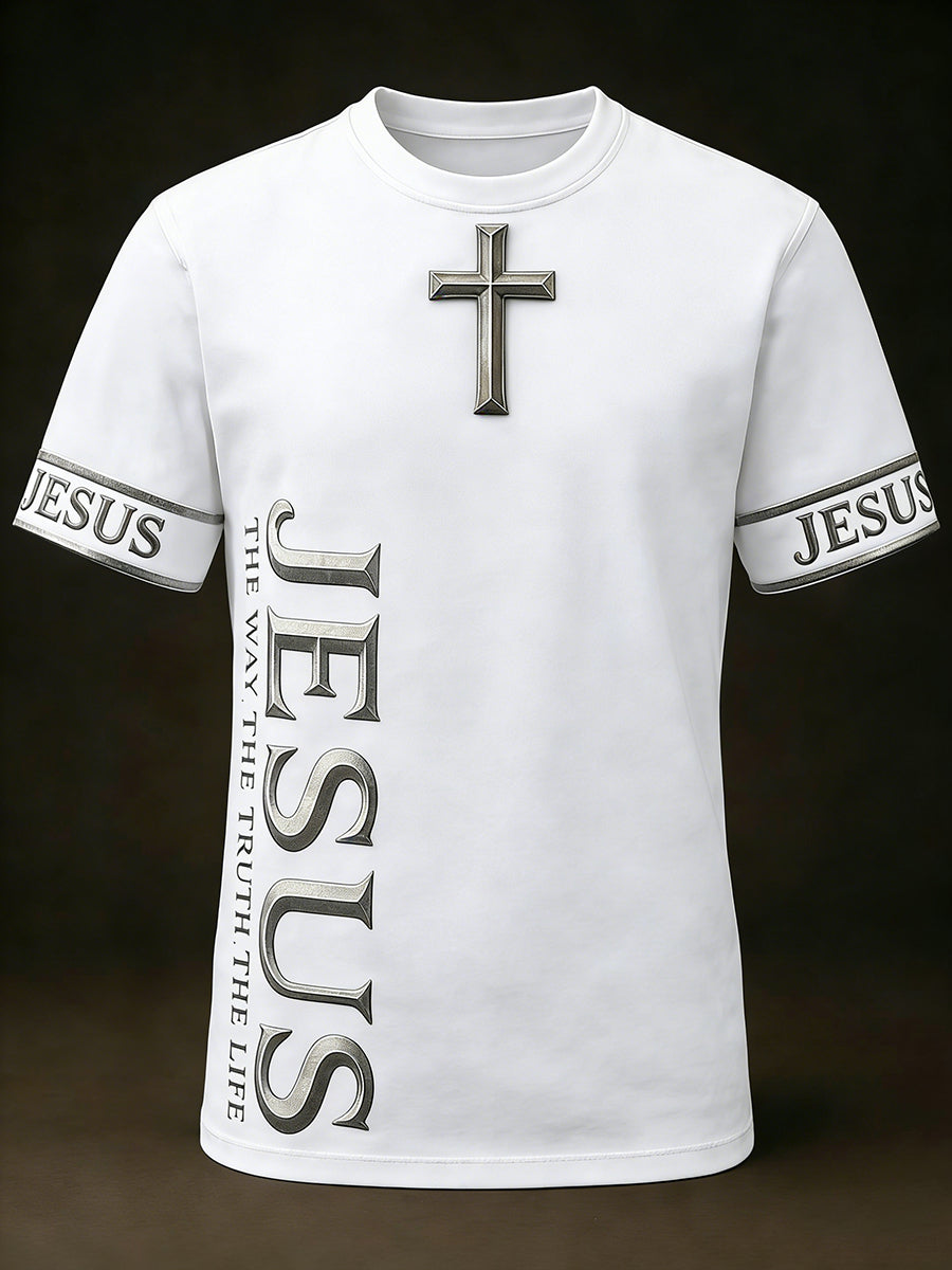 Mens christian jesus the way the truth the life cross print casual short sleeve tshirt