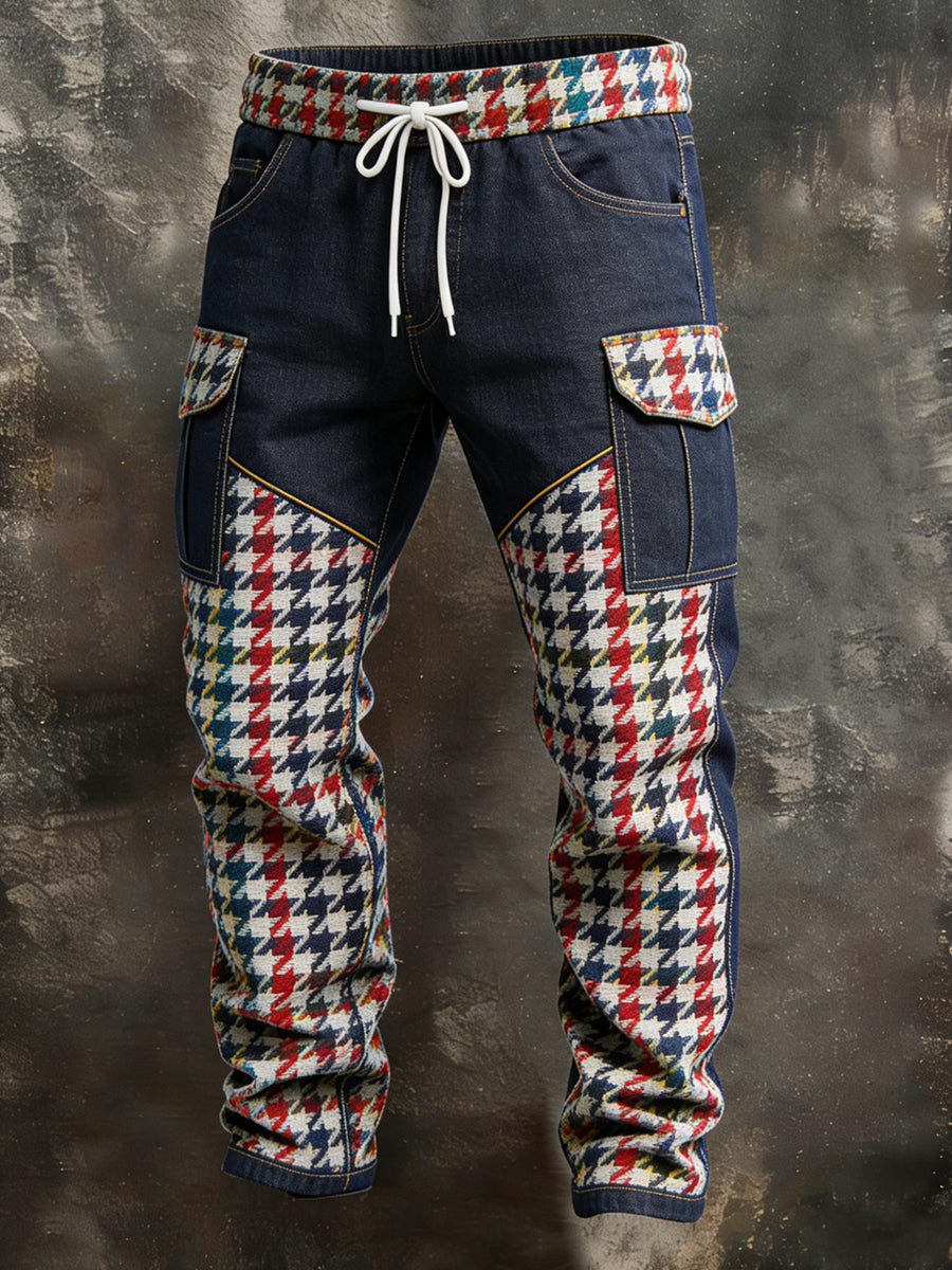 Pánské retro dovolená podnikání houndstooth art print neformální pracovní kalhoty