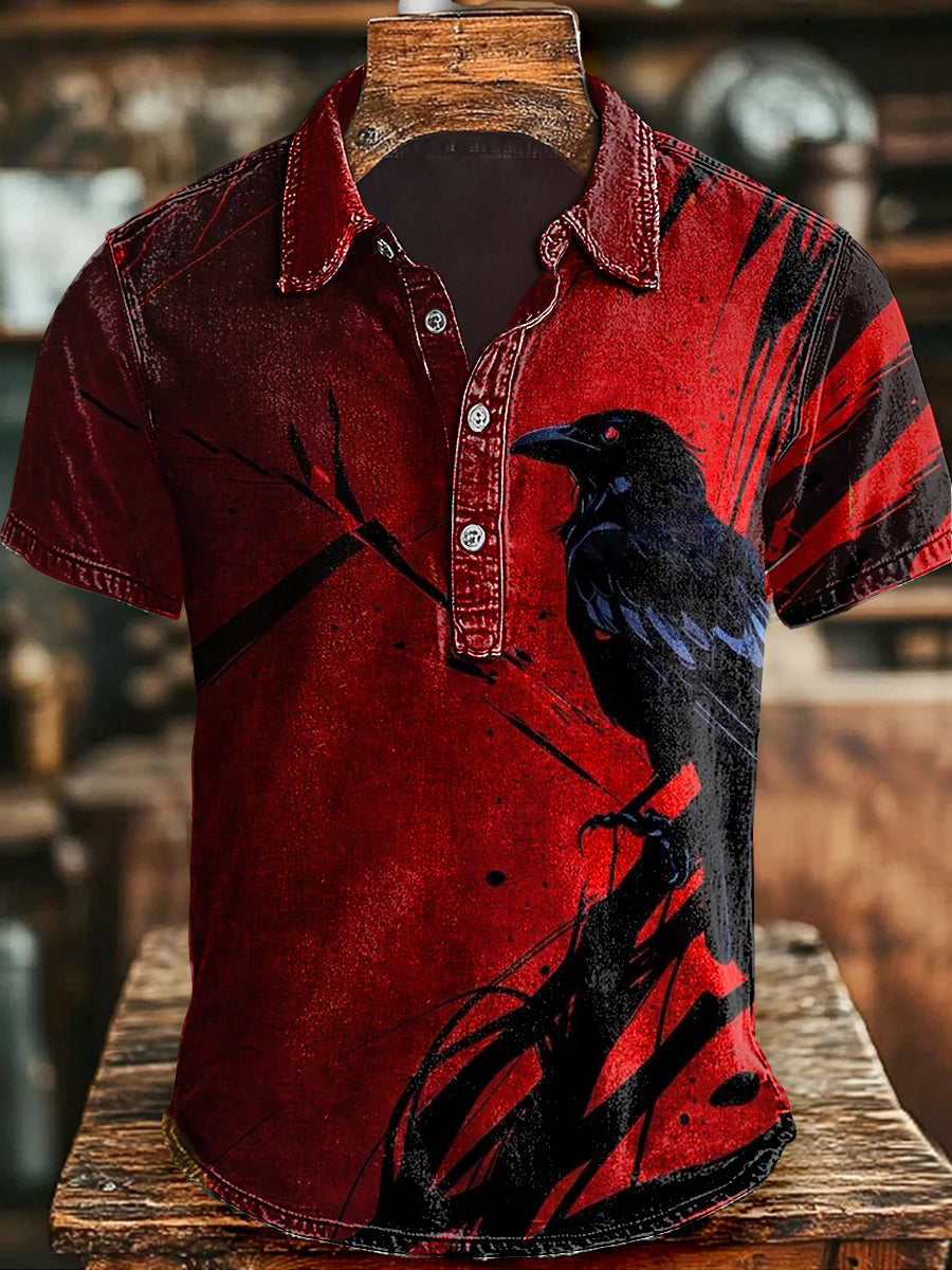Vintage bloodred raven print casual s krátkými rukávy