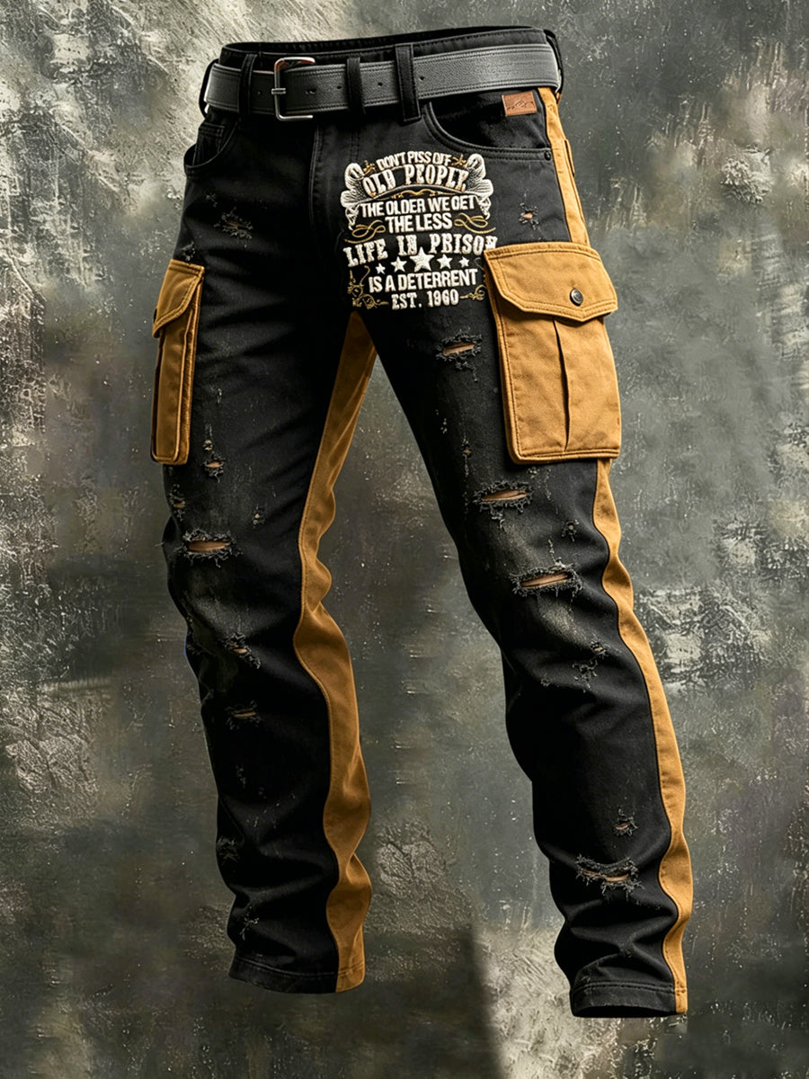 Pánské retro old fuckers club art print casual workwear kalhoty