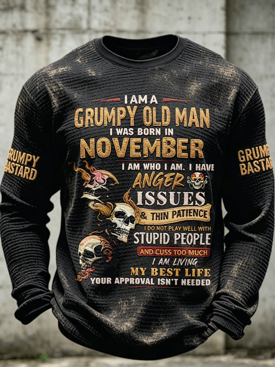Men old fuckers club printed waffle long sleeved round neck sweatshirt