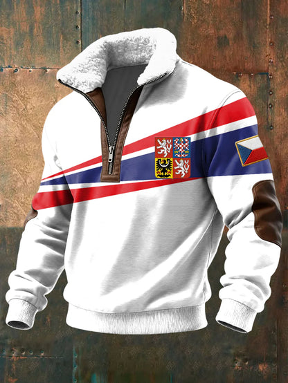 Retro flag stripe patchwork shearling zipper pullover
