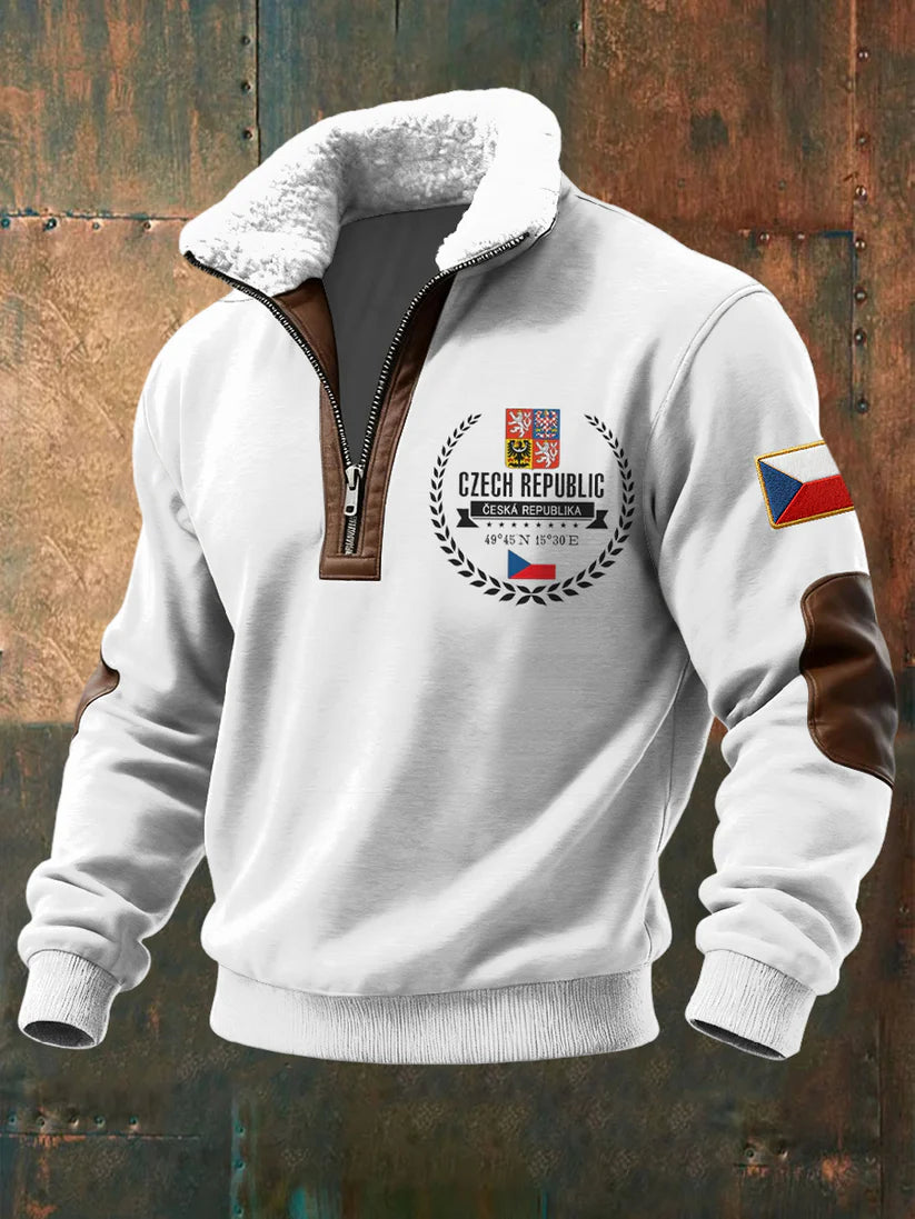 Retro vlajka patchwork shearling zipper pullover