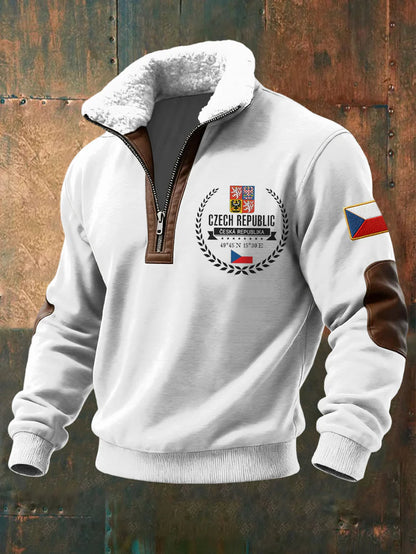 Retro vlajka patchwork shearling zipper pullover