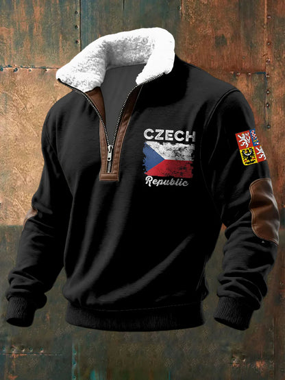 Retro vlajka patchwork shearling zipper pullover