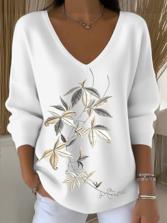 Dámské european style white vneck sweater with charming leaf embroidery trendy and comfortable easy to create daily looks