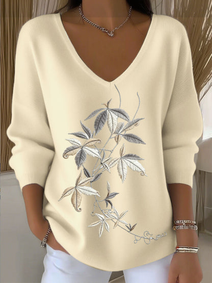 Dámské european style white vneck sweater with charming leaf embroidery trendy and comfortable easy to create daily looks