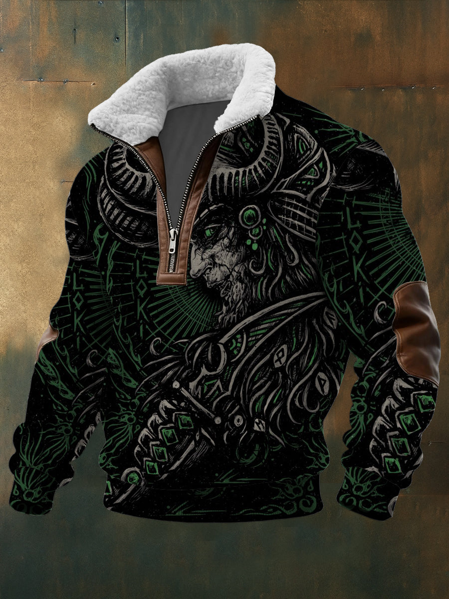Men green norse odin print sherpalined zip sweatshirt