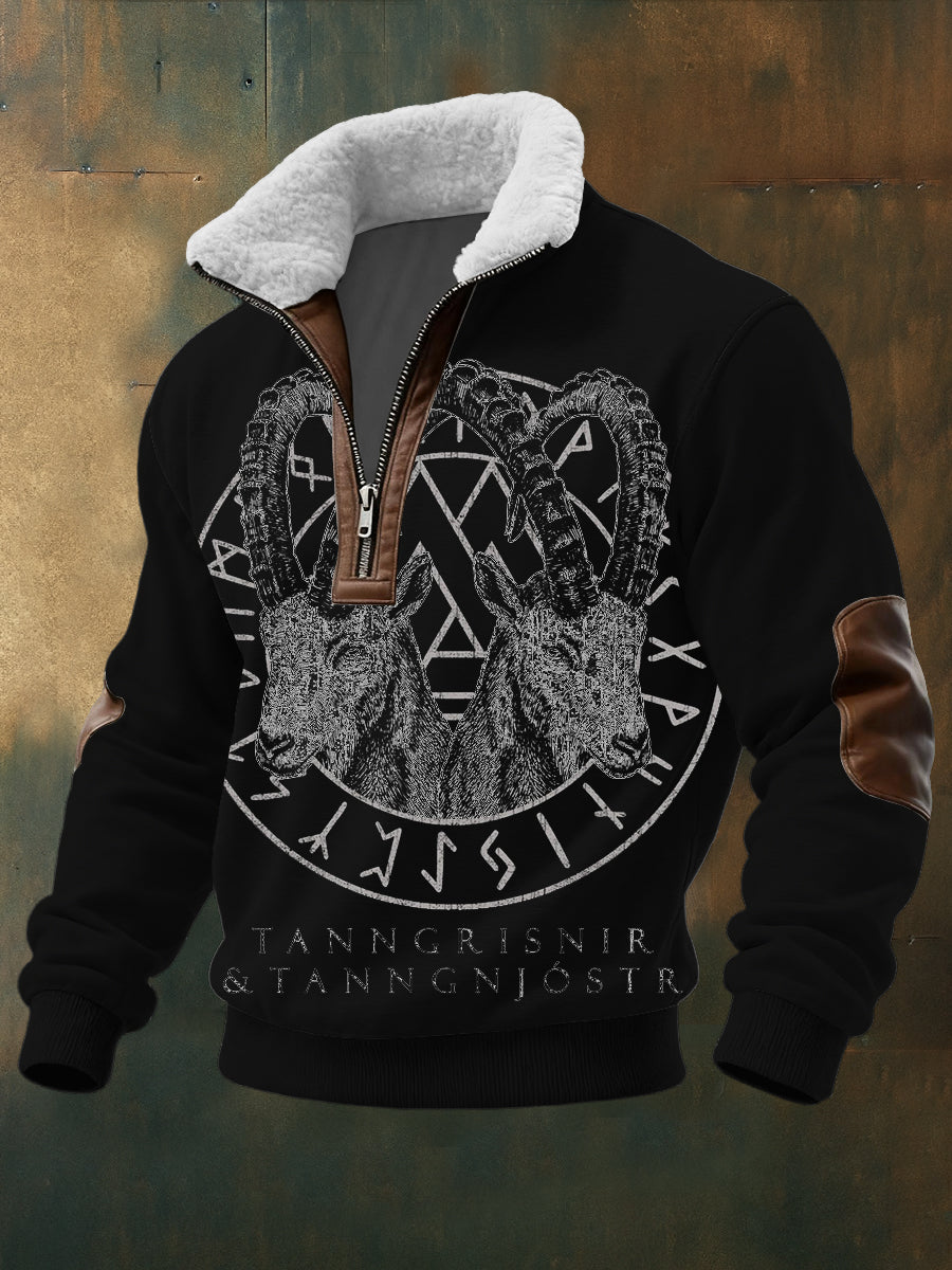 Pánské tanngrisnir & tanngnjóstr kozí tisk sherpalined zip sweatshirt