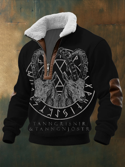 Pánské tanngrisnir & tanngnjóstr kozí tisk sherpalined zip sweatshirt